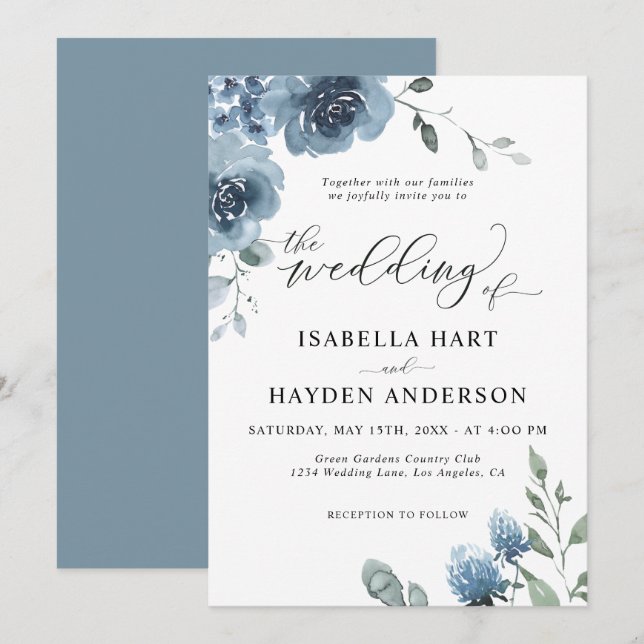 Dusty Blue Slate Floral Watercolor Wedding Invitation (Front/Back)