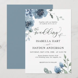 Dusty Blue Slate Floral Watercolor Wedding Invitation