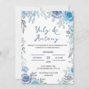 Dusty Blue Slate Grey Watercolor Floral Wedding Invitation