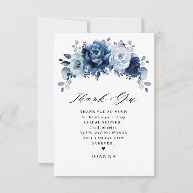 Dusty Blue Slate Navy Botanical Bridal Shower      Thank You Card (Front)