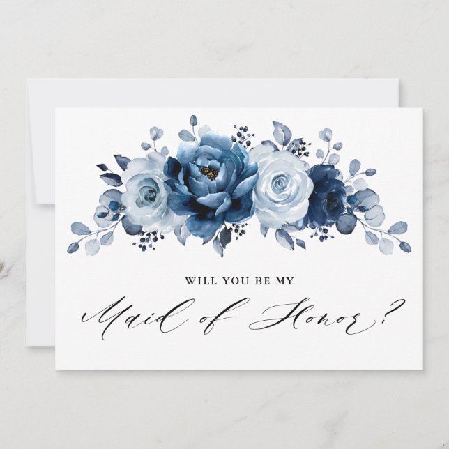 Dusty Blue Slate Navy Botanical  Maid of Honour    Invitation (Front)
