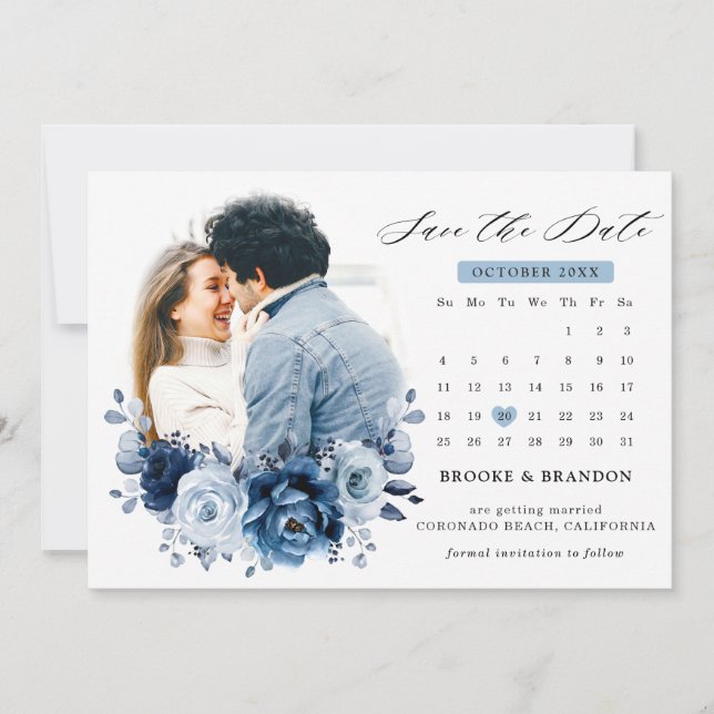 Dusty Blue Slate Navy Botanical Photo Calendar Save The Date (Front)