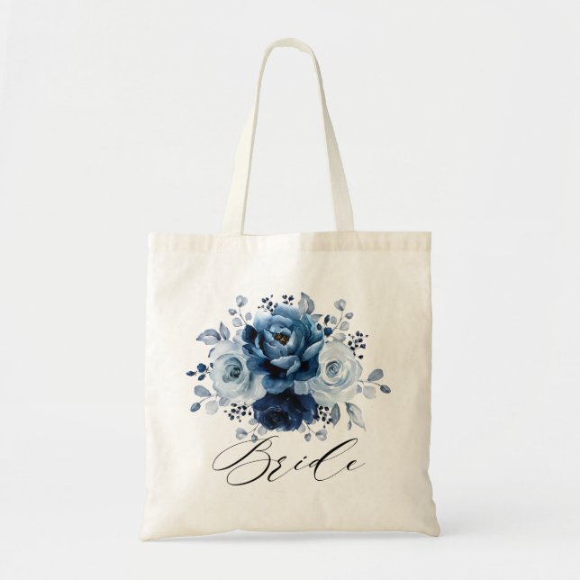 Dusty Blue Slate Navy Botanical  Wedding Bride     Tote Bag (Front)