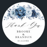 Dusty Blue Slate Navy Botanical Wedding Thank you  Classic Round Sticker<br><div class="desc">Elegant Dusty blue / Navy theme wedding thank you sticker featuring elegant bouquet of Dusty blue,  Navy,  slate rose flowers buds and blue eucalyptus leaves. Please contact me for any help in customisation or if you need any other product with this design.</div>