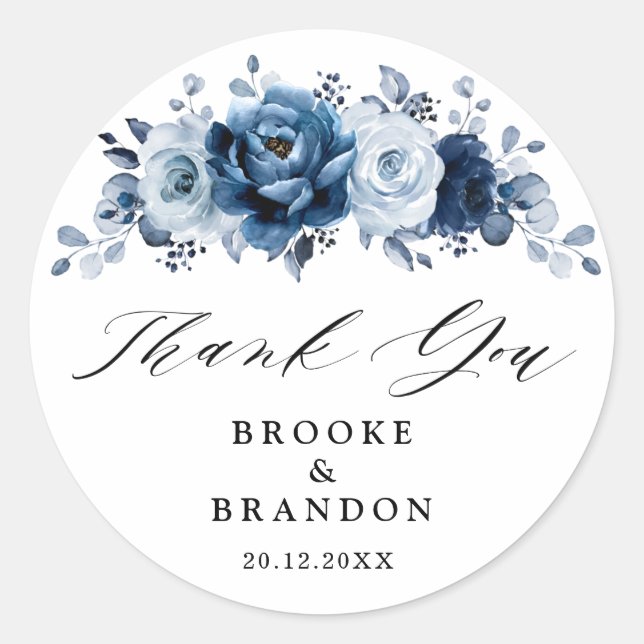 Dusty Blue Slate Navy Botanical Wedding Thank you  Classic Round Sticker (Front)