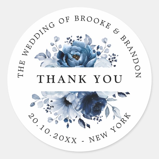 Dusty Blue Slate Navy Floral Botanical Thank you Classic Round Sticker (Front)