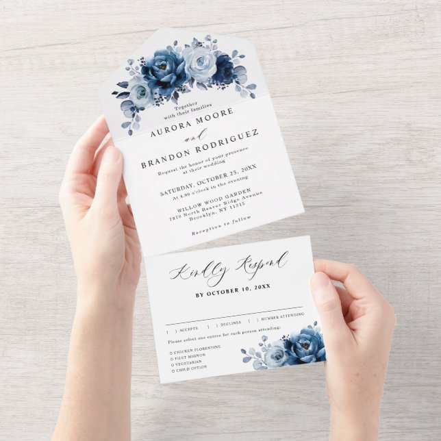 Dusty Blue Slate Navy Floral Botanical Wedding All In One Invitation (Tearaway)