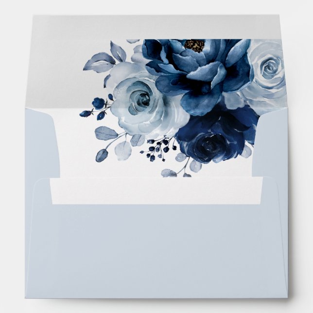Dusty Blue Slate Navy Floral Botanical Wedding Envelope (Back (Bottom))