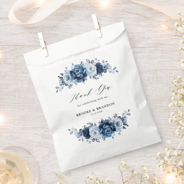 Dusty Blue Slate Navy Floral Botanical Wedding Favour Bags (Clipped)