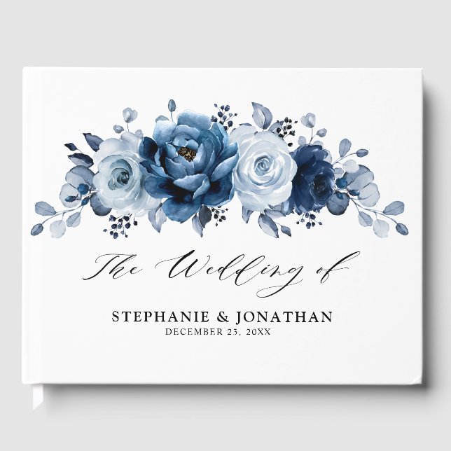 Dusty Blue Slate Navy Floral Botanical Wedding Guest Book (Front)