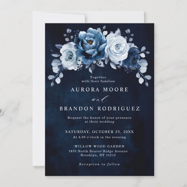 Dusty Blue Slate Navy Floral Botanical Wedding Inv Invitation (Front)