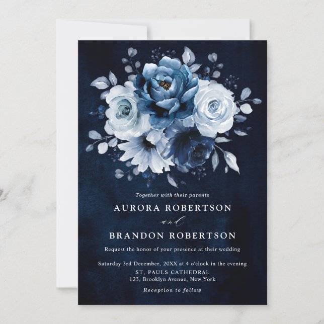 Dusty Blue Slate Navy Floral Botanical Wedding Inv Invitation (Front)
