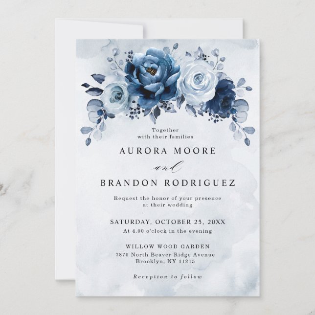 Dusty Blue Slate Navy Floral Botanical Wedding Inv Invitation (Front)
