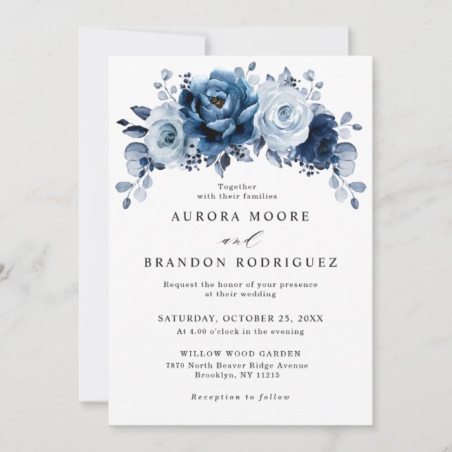 Dusty Blue Slate Navy Floral Botanical Wedding Invitation (Front)
