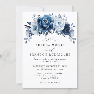 Dusty Blue Slate Navy Floral Botanical Wedding Invitation