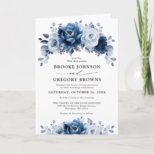 Dusty Blue Slate Navy Floral Botanical Wedding Invitation (Front)