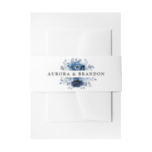 Dusty Blue Slate Navy Floral Botanical Wedding Invitation Belly Band