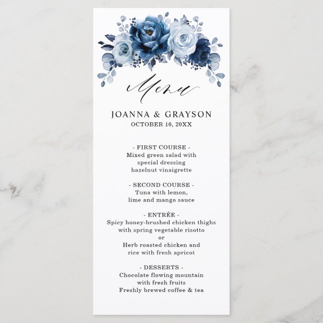 Dusty Blue Slate Navy Floral Botanical Wedding Menu (Front)