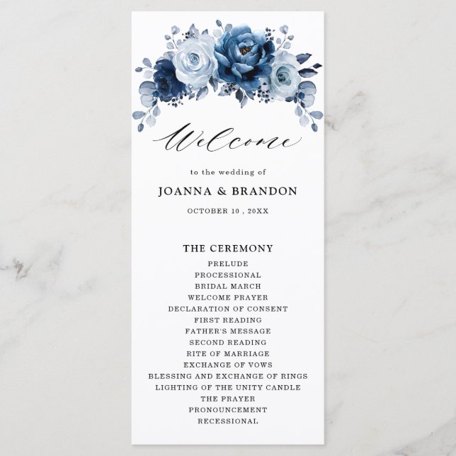 Dusty Blue Slate Navy Floral Botanical Wedding Programme (Front)