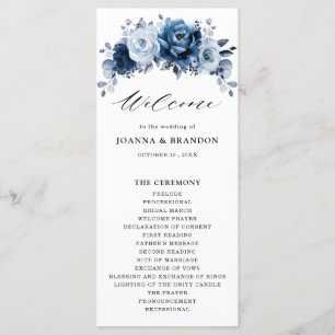Dusty Blue Slate Navy Floral Botanical Wedding Programme