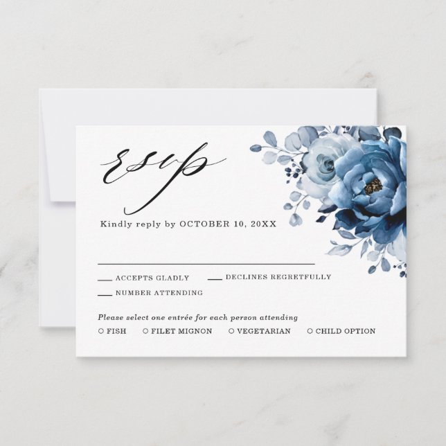 Dusty Blue Slate Navy Floral Botanical Wedding RSV RSVP Card (Front)