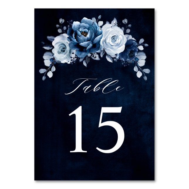 Dusty Blue Slate Navy Floral Botanical Wedding Tab Table Number (Front)