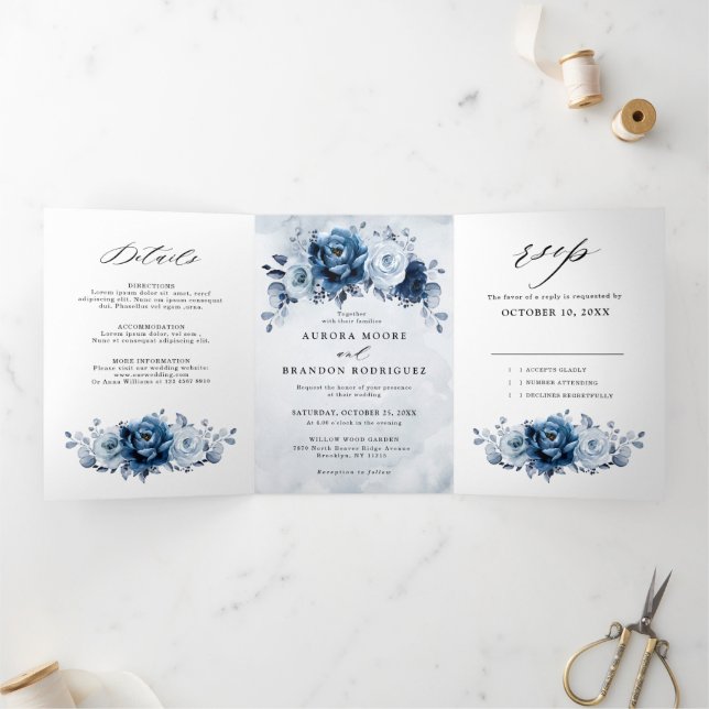 Dusty Blue Slate Navy Floral Botanical Wedding Tri Tri-Fold Announcement (Inside)