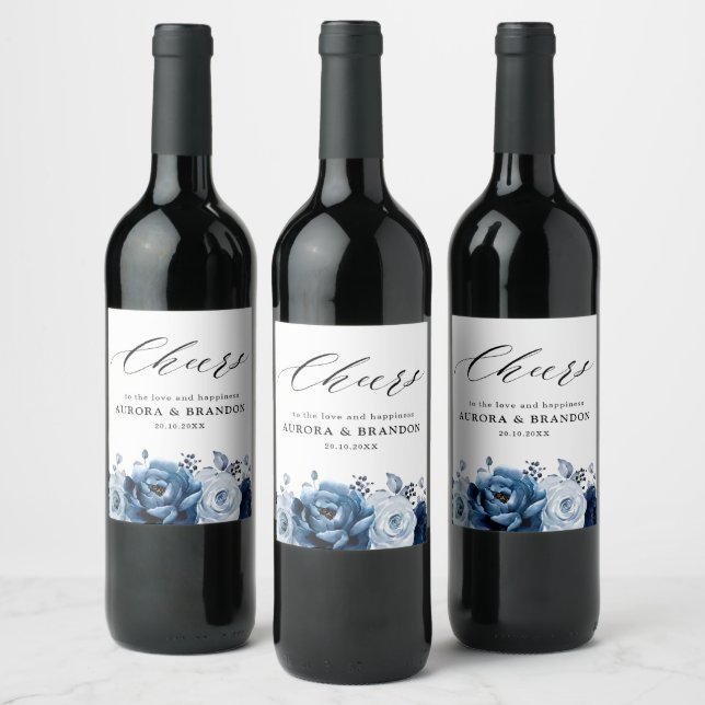 Dusty Blue Slate Navy Floral Botanical Wedding Wine Label (Bottles)