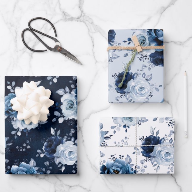 Dusty Blue Slate Navy Floral Botanical Wedding Wra Wrapping Paper Sheet (Front)