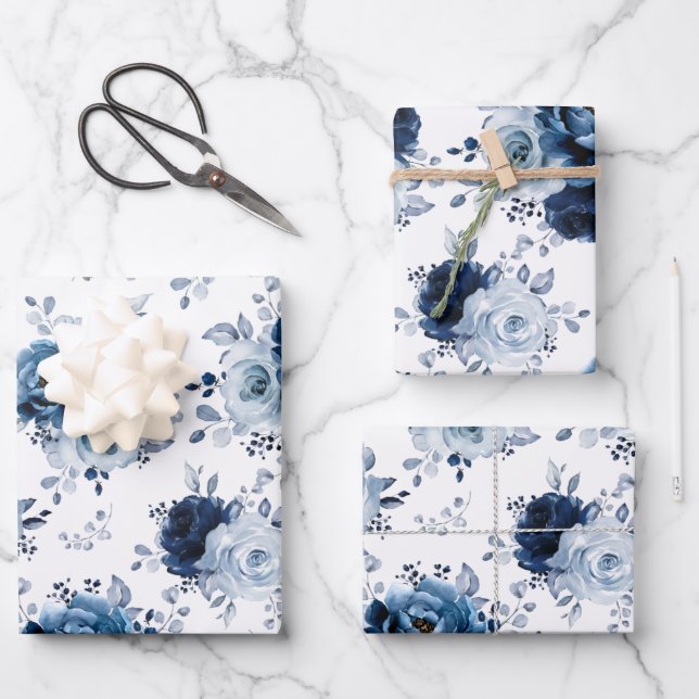 Dusty Blue Slate Navy Floral Botanical Wedding Wra Wrapping Paper Sheet (Front)