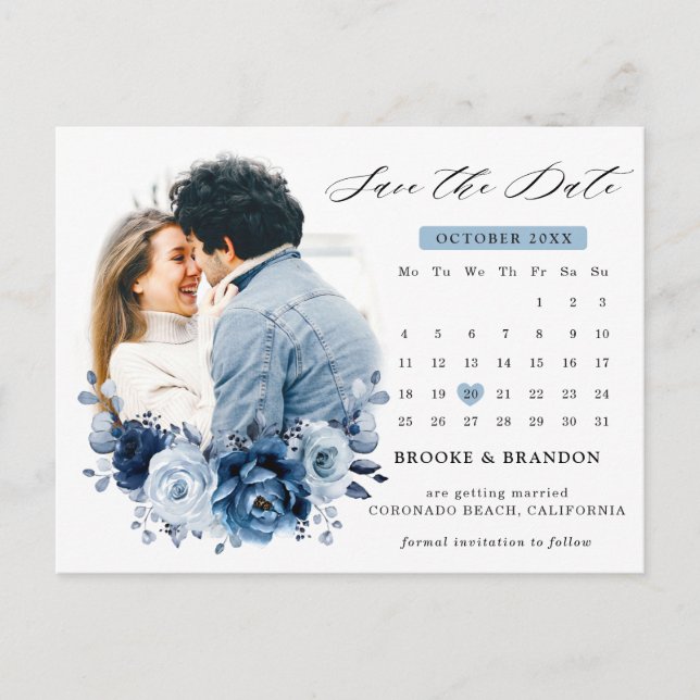 Dusty Blue Slate Navy Floral Bouquet Save the Date Postcard (Front)