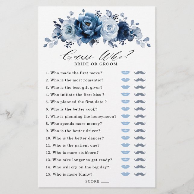 Dusty Blue Slate Navy Floral Bridal Shower Game (Front)