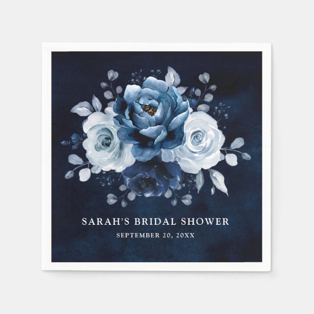 Dusty Blue Slate Navy Floral Bridal Shower Napkins (Front)