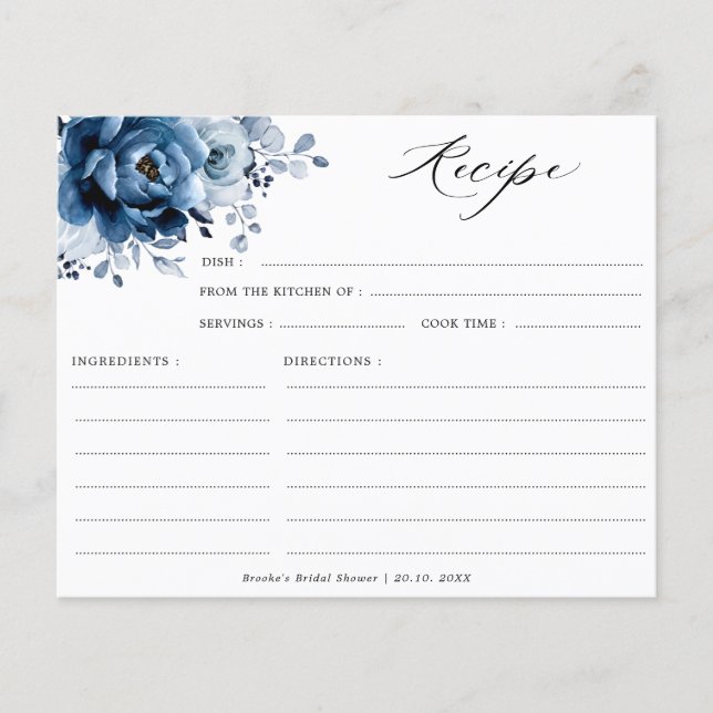 Dusty Blue Slate Navy Floral Bridal Shower Recipe (Front)