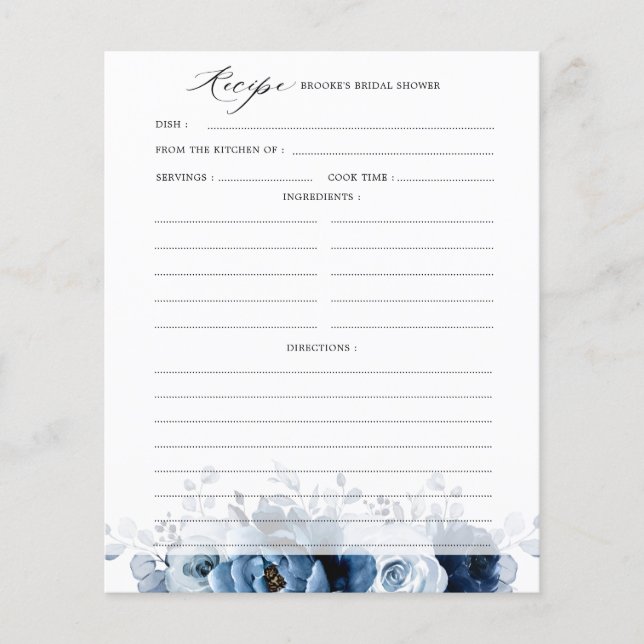 Dusty Blue Slate Navy Floral  Bridal Shower Recipe (Front)