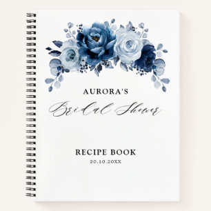 Dusty Blue Slate Navy Floral Bridal Shower Recipe Notebook