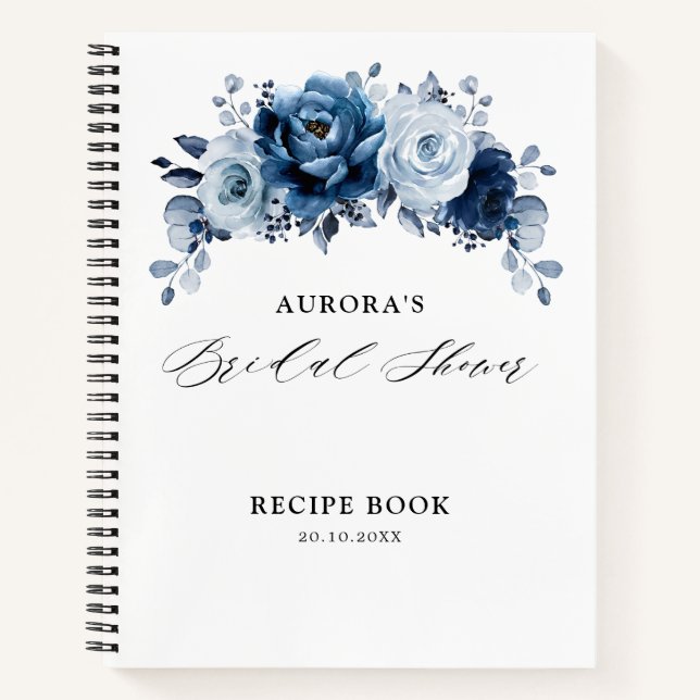 Dusty Blue Slate Navy Floral Bridal Shower Recipe Notebook (Front)