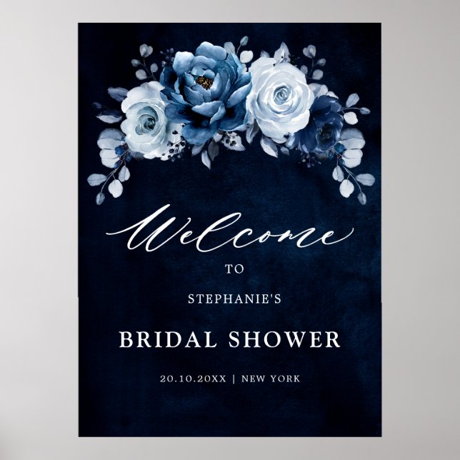 Dusty Blue Slate Navy Floral Bridal Shower Welcome Poster (Front)