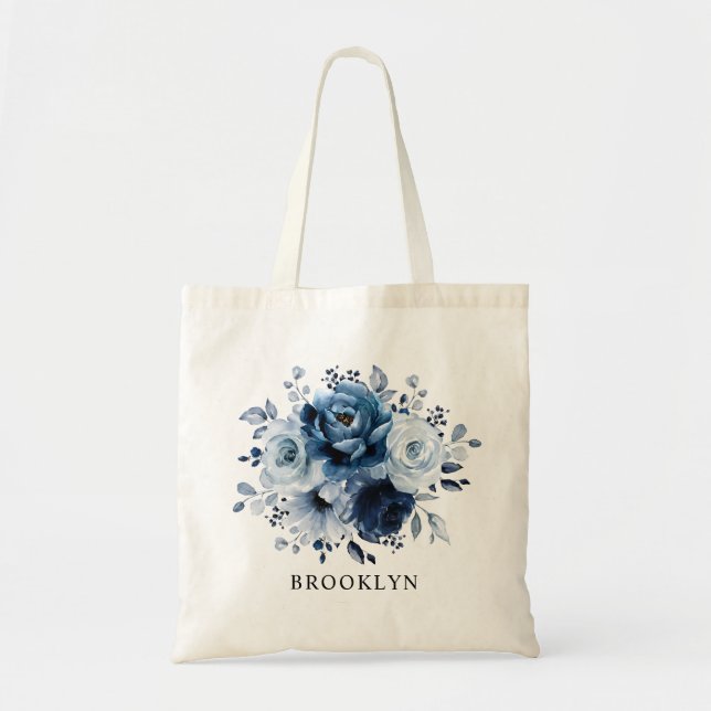 Dusty Blue Slate Navy Floral Bridesmaid Gift Tote Bag (Front)