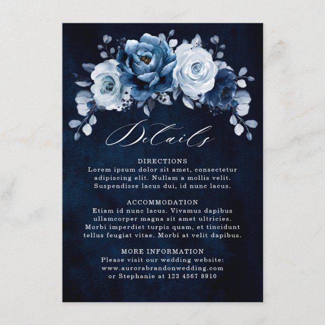 Dusty Blue Slate Navy Floral Wedding Details Enclo Enclosure Card (Front)