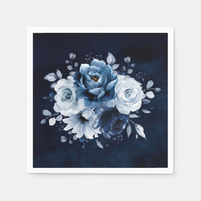 Dusty Blue Slate Navy Floral Wedding Napkins (Front)
