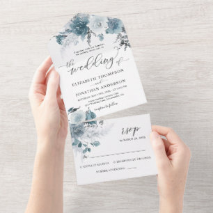 Dusty Blue Slate Pastel Light Wedding Details RSVP All In One Invitation