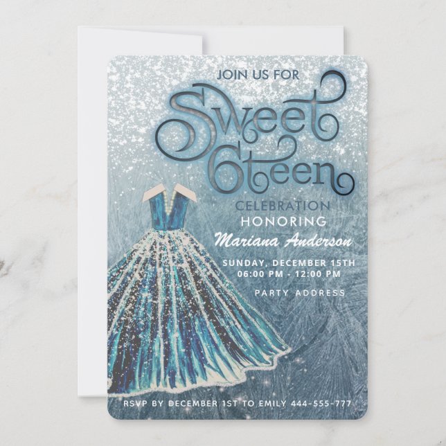 Dusty blue snow winter wonderland sweet 16 invitation (Front)