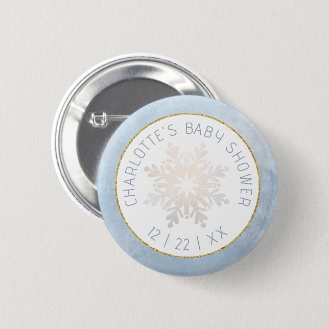 Dusty Blue Snowflake Baby Shower Button (Front & Back)