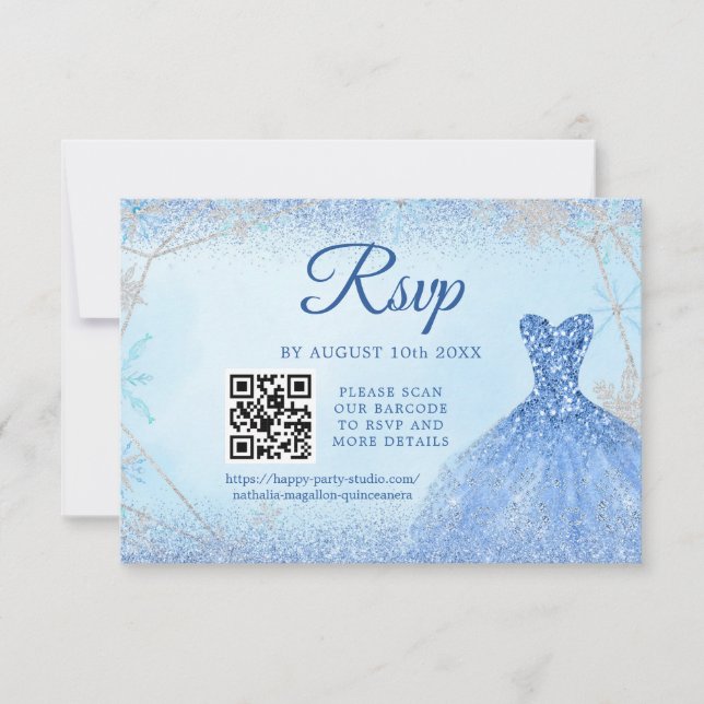 Dusty Blue Snowflake Christmas Quinceañera 15th QR RSVP Card (Front)