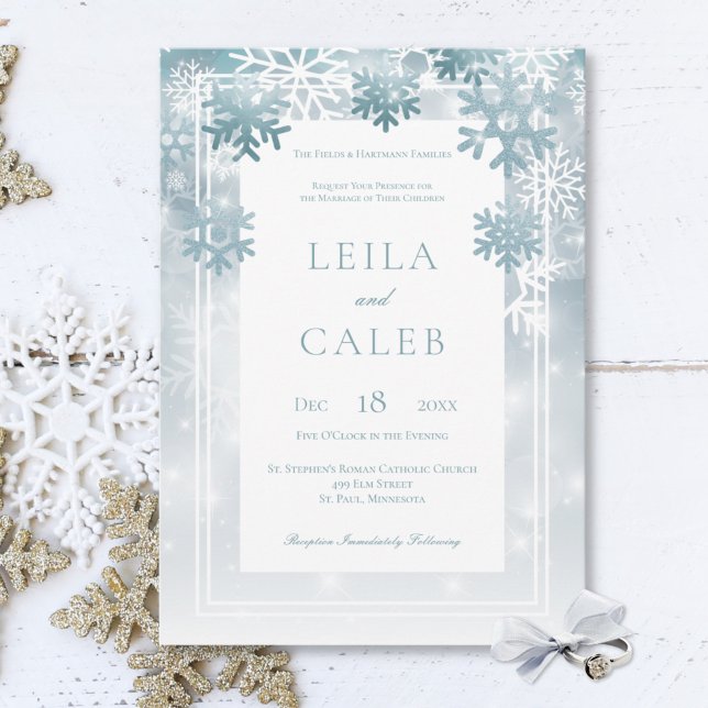 Dusty Blue Snowflake Modern Wedding Invitation (Creator Uploaded)
