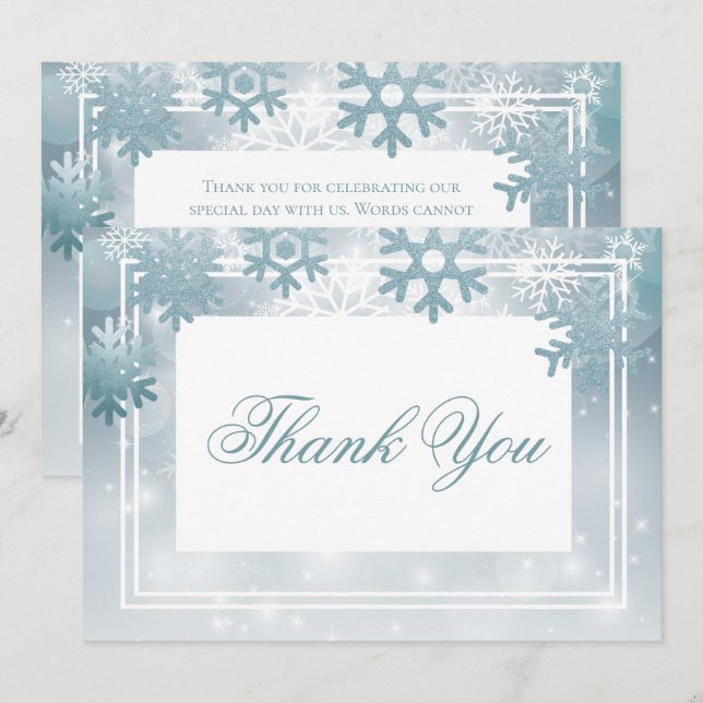 Dusty Blue Snowflake Modern Wedding Thank You Card (Front/Back)