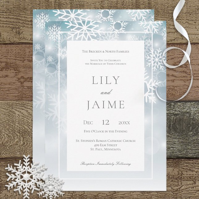 Dusty Blue Snowflake Sky Modern Wedding Invitation (Creator Uploaded)