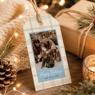 Dusty Blue Soft Beige Plaid Custom Photo Christmas Gift Tags