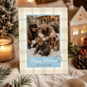 Dusty Blue Soft Beige Plaid Two Photos Christmas Holiday Card